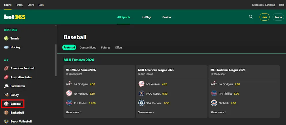 Baseball Bet365 Screenshot