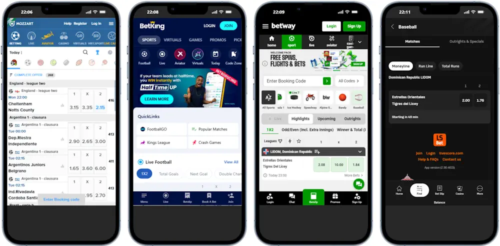 Baseball mobile apps MozzartBet, BetKing, Betway and LiveScoreBet Screenshot