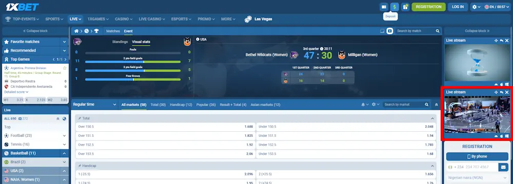 Basketball 1xBet Live Betting and Streaming Screenshot