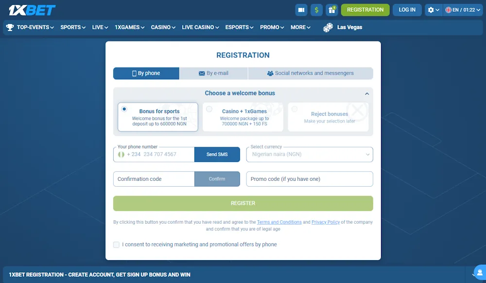 Basketball 1xBet Registration form Screenshot