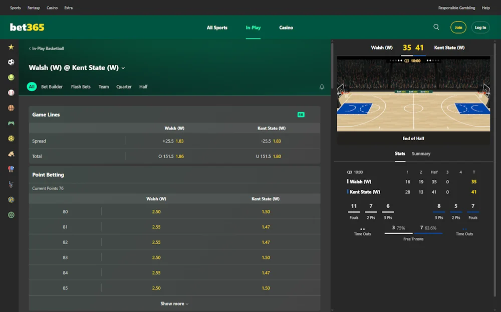 Basketball Bet365 Live betting and statistical package and odds Screenshot