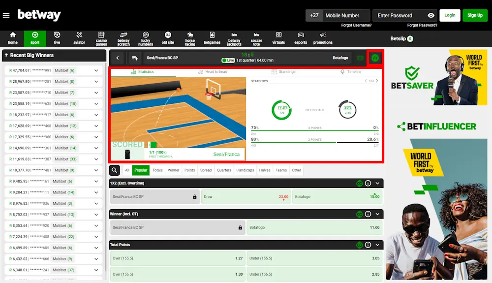Basketball Betway Live NBA Betting Statistics Screenshot