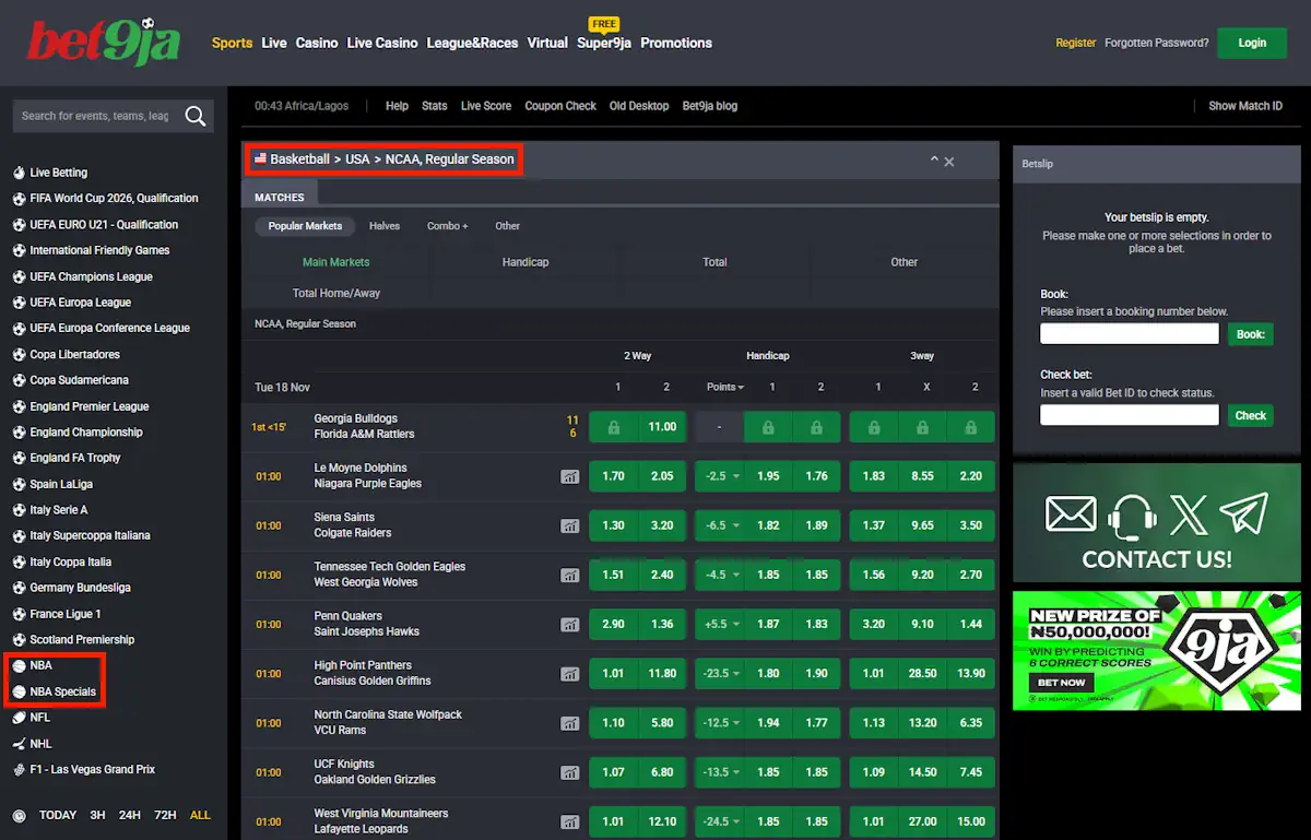 NCAAB Bet9ja Screenshot