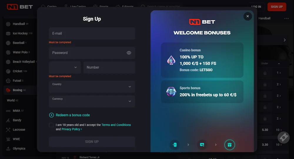 Boxing N1Bet Registration Screenshot