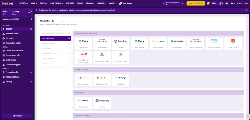 Helabet Deposit options Screenshot