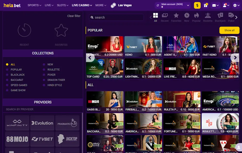 Helabet Live casino games Screenshot