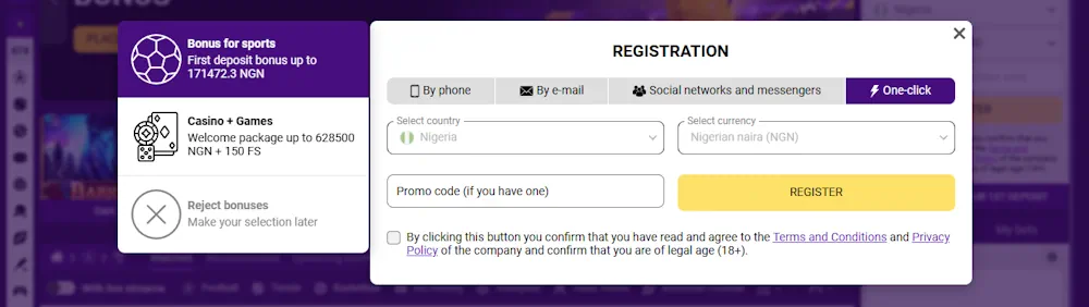 Helabet One-Click Registration Screenshot