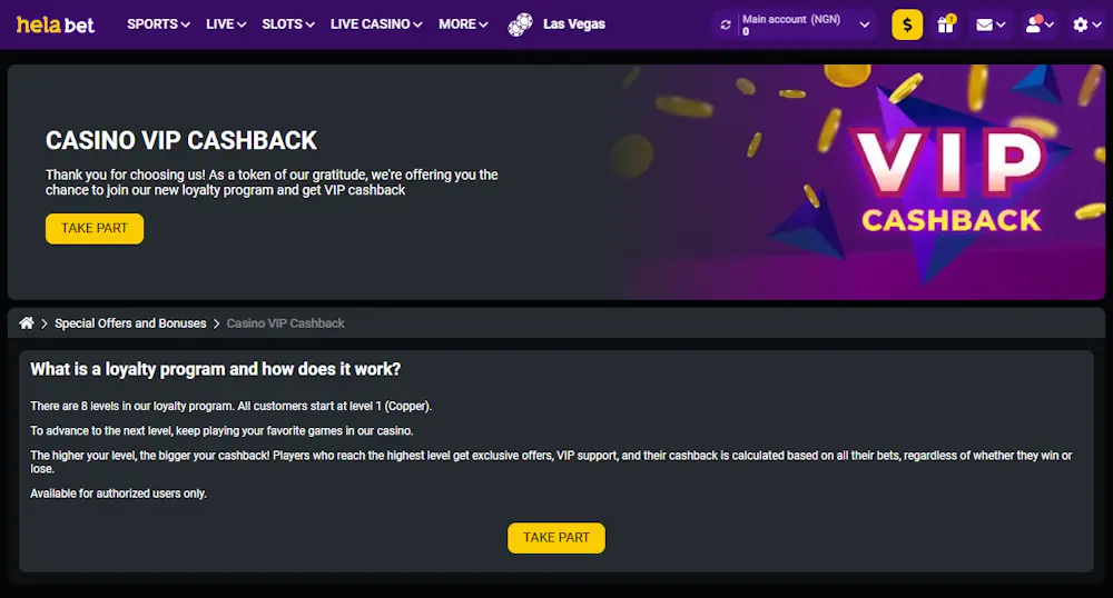 Helabet VIP Cashback bonuses Screenshot