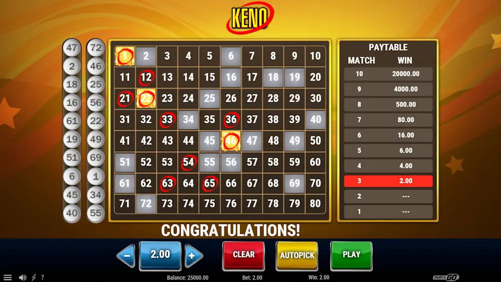 Keno Gameplay Screenshot