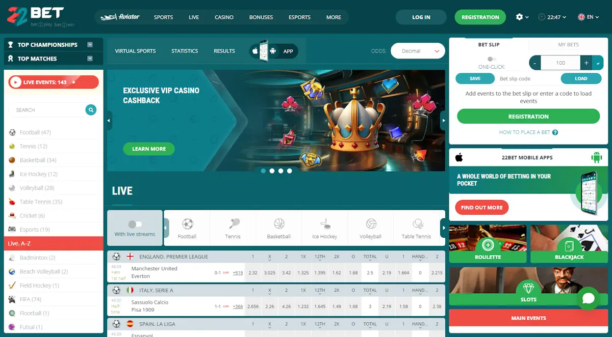 22bet Homepage Screenshot