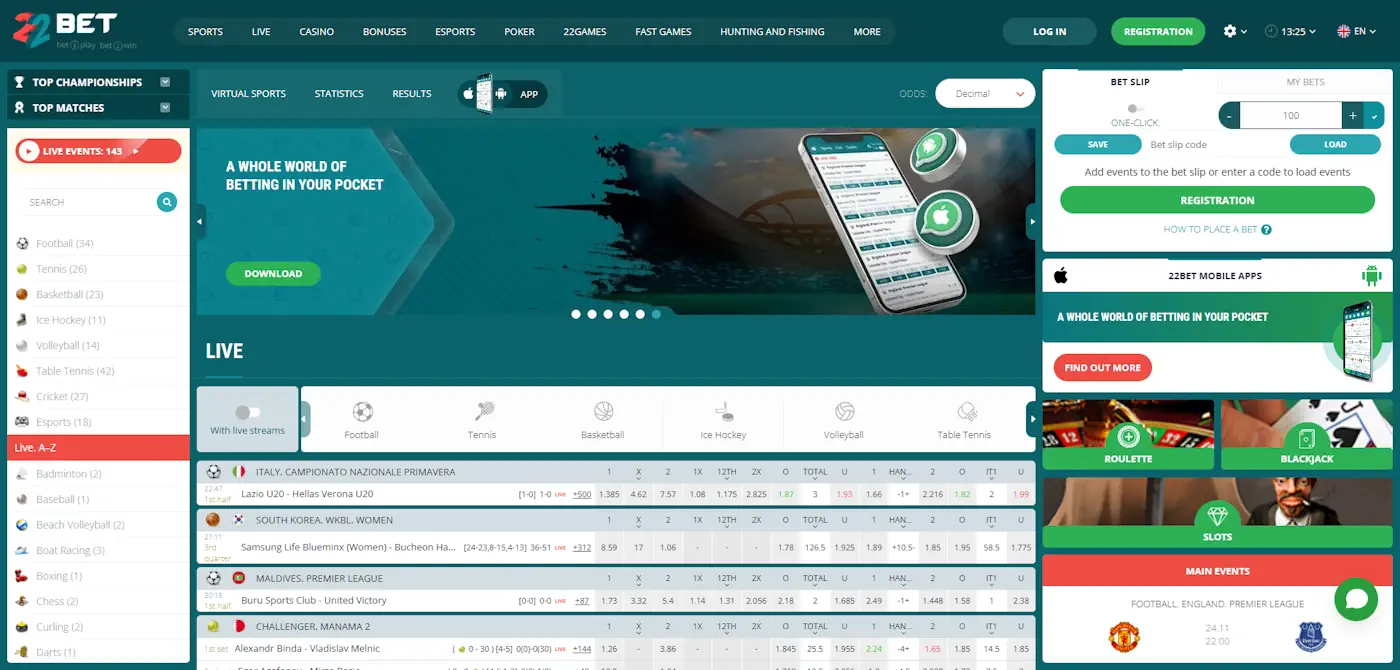 22Bet Homepage Screenshot