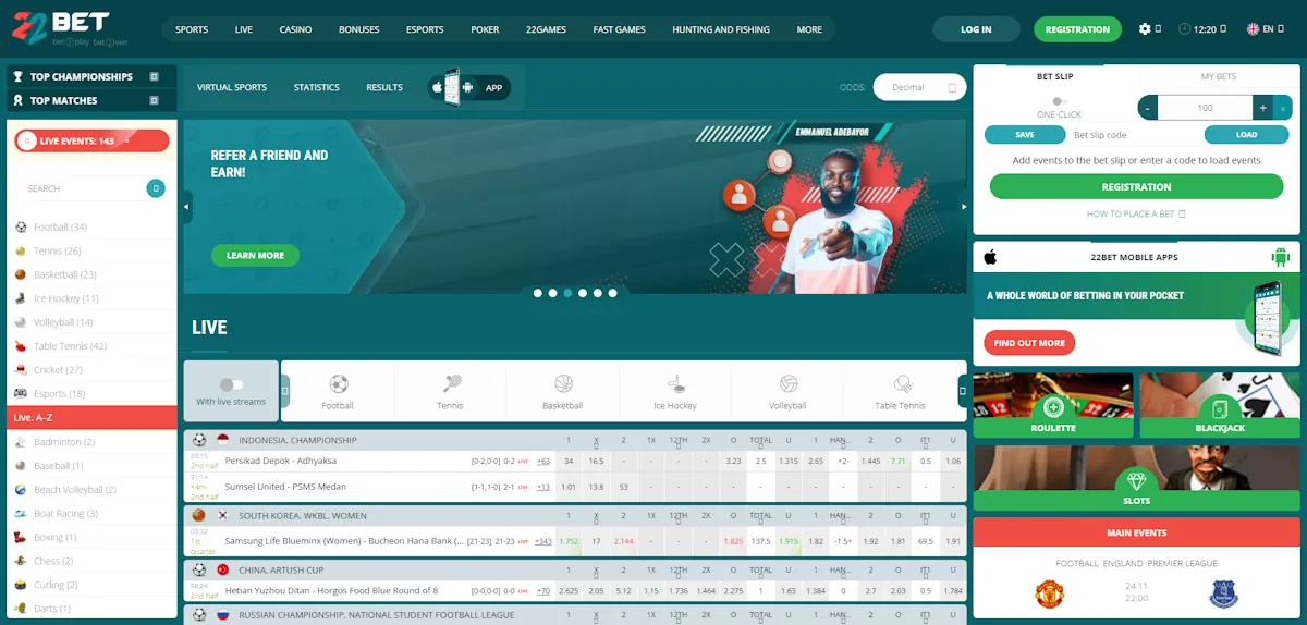 22Bet Homepage Screenshot