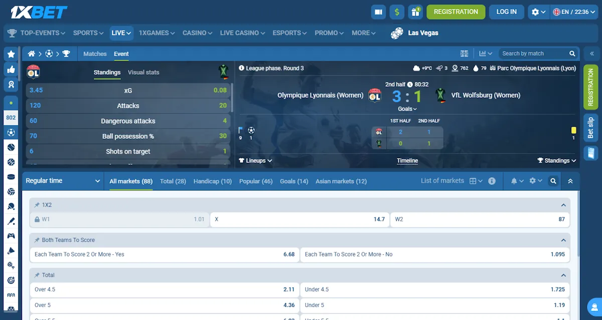 1xBet Football Betting Markets Screenshot