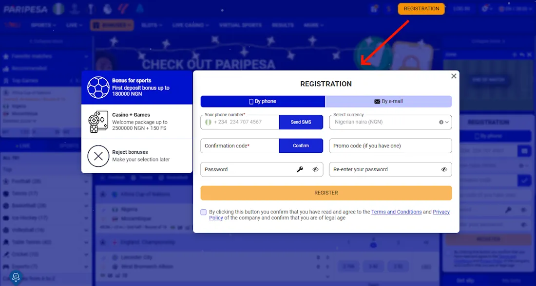 Paripesa Registration Screenshot