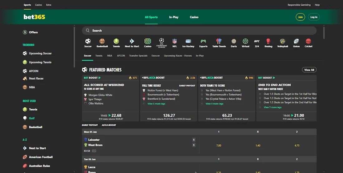 Bet365 Sportsbook Screenshot