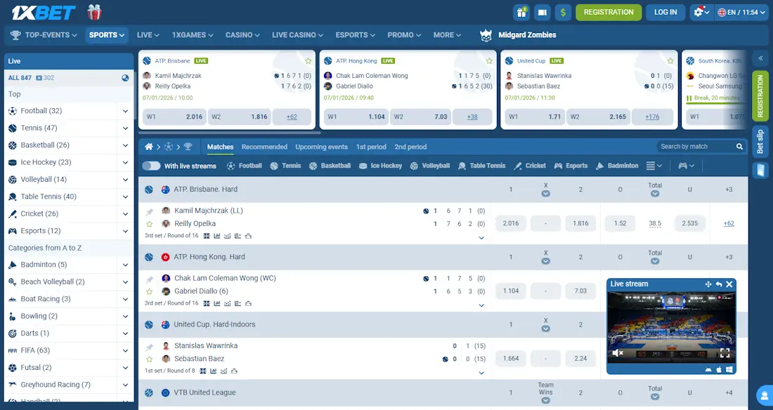 1xBet Sportsbook Screenshot