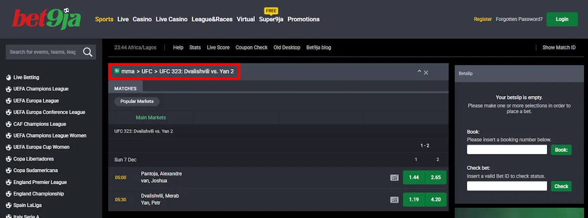 MMA Bet9ja Screenshot