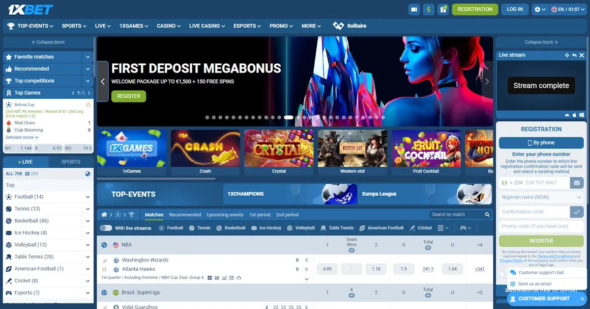 1xBet Homepage Screenshot