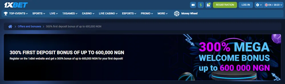 1xBet welcome bonus banner in naira