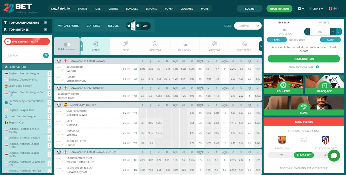 22Bet football betting lobby