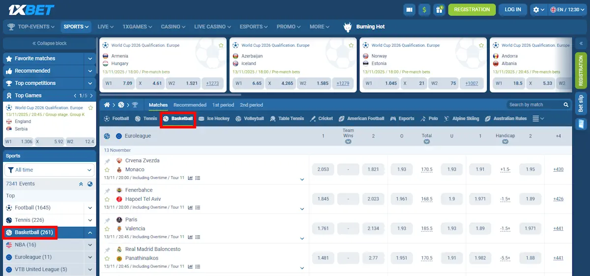 1xBet Basketball betting Screenshot