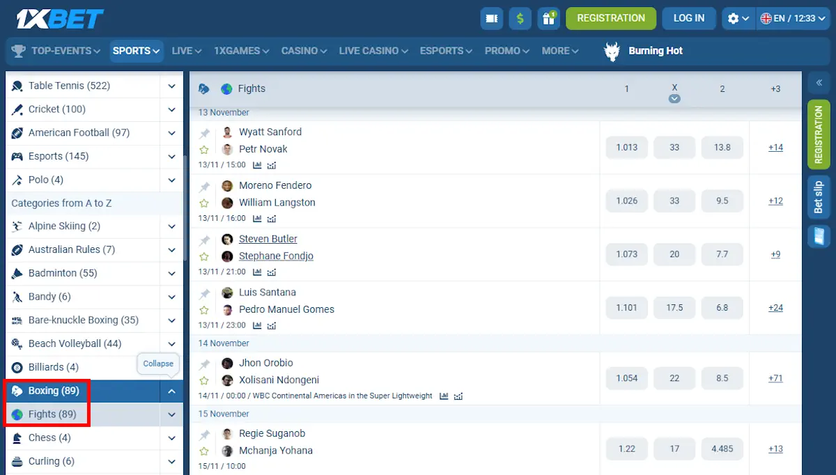 1xBet Boxing Betting Screenshot