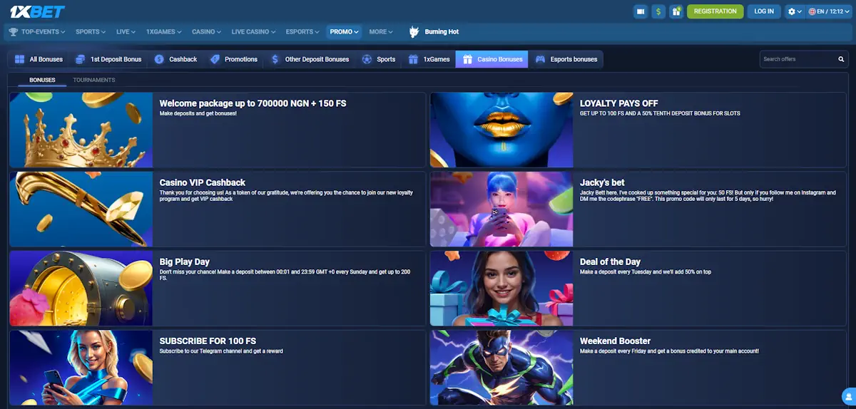 1xBet Casino Bonuses Screenshot
