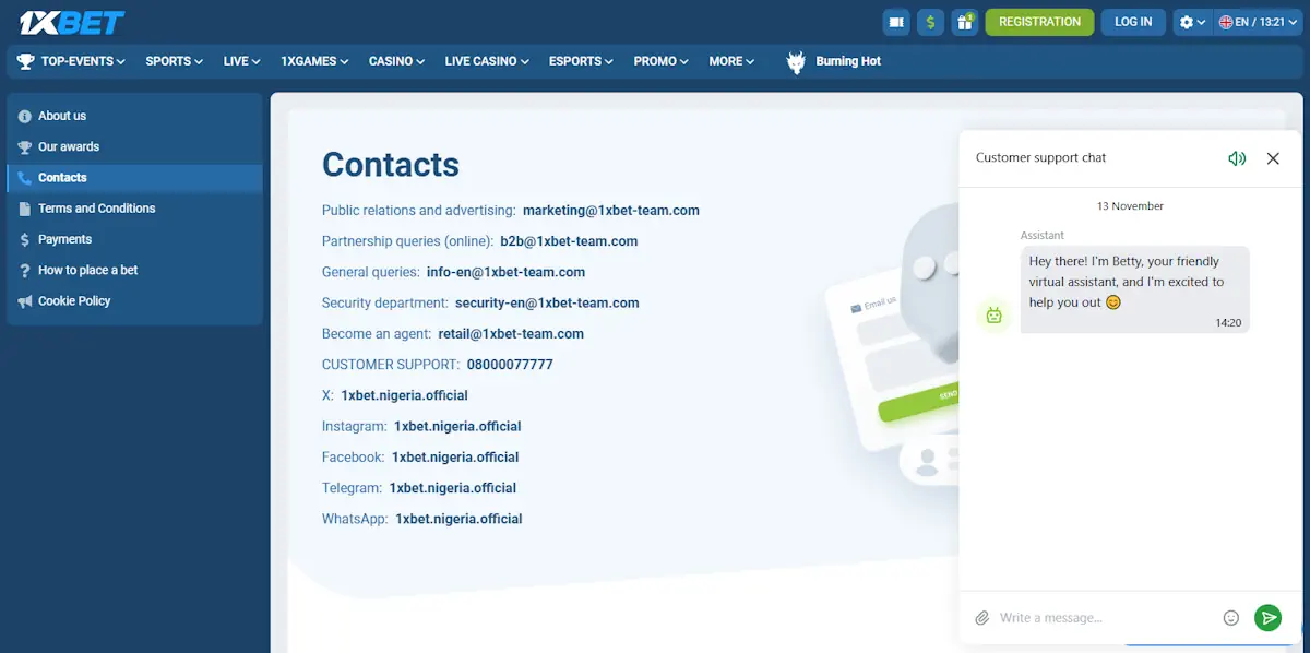 1xBet Customer Support and Contacts Screenshot
