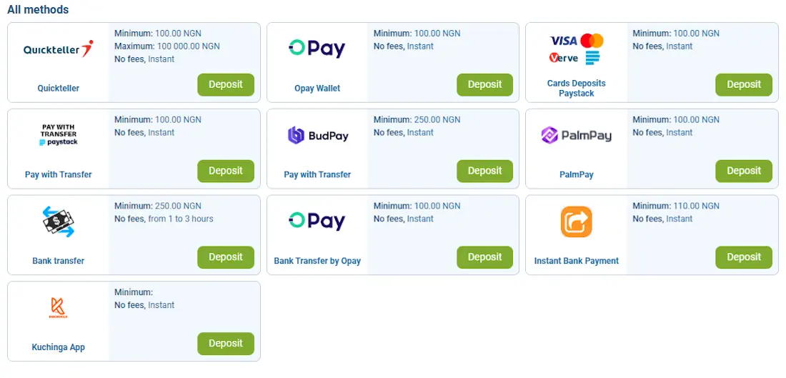 1xBet Deposit methods Screenshot