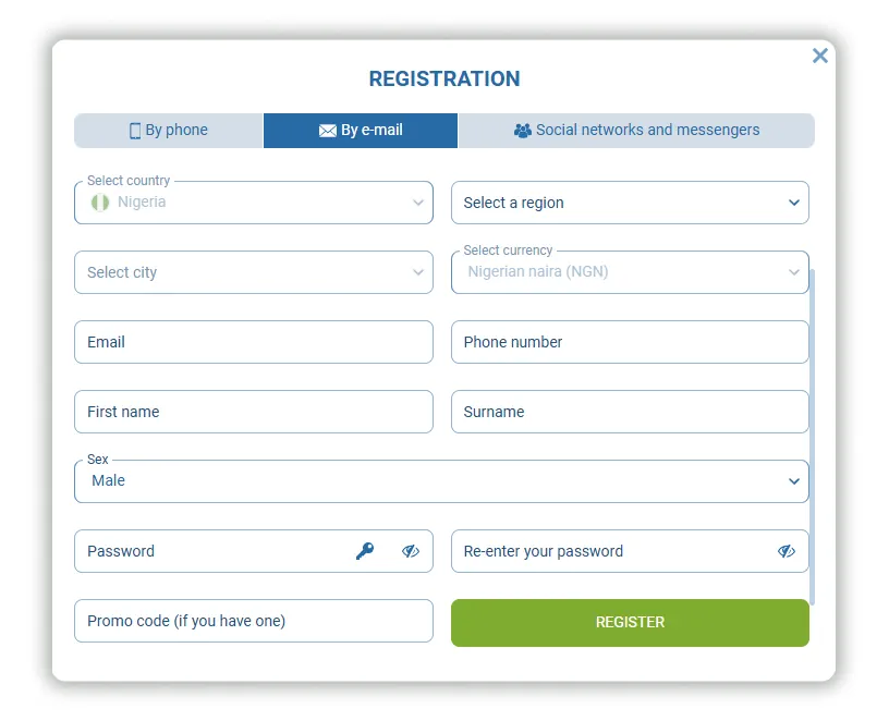 1xBet Email Registration Screenshot
