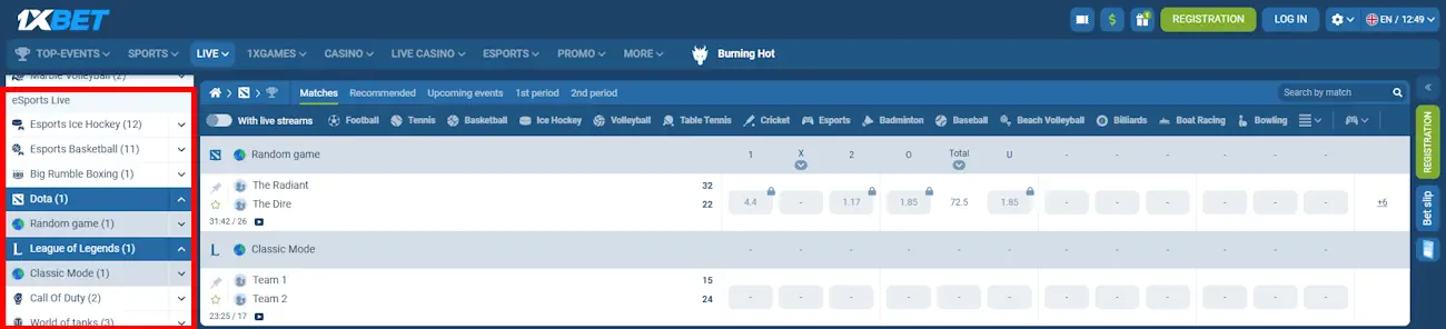 1xBet Esports Betting Screenshot