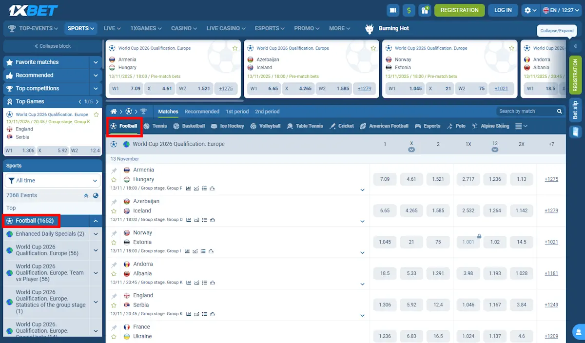 1xBet Football betting Screenshot