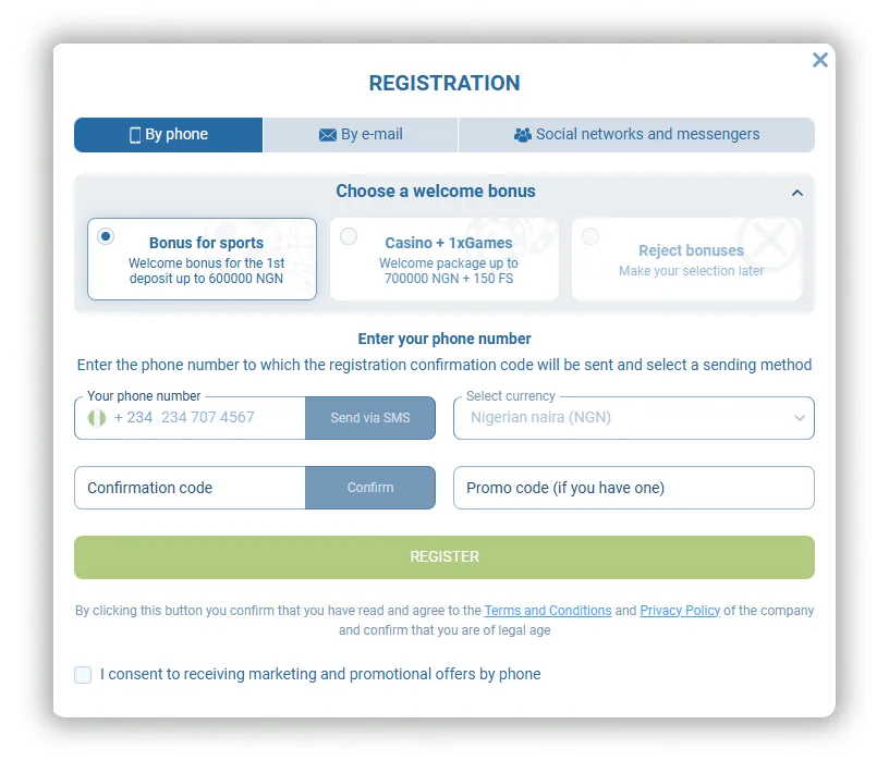 1xBet Phone Registration Screenshot