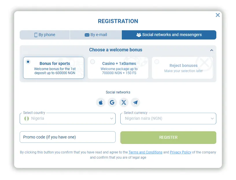 1xBet Social Networks Registration Screenshot
