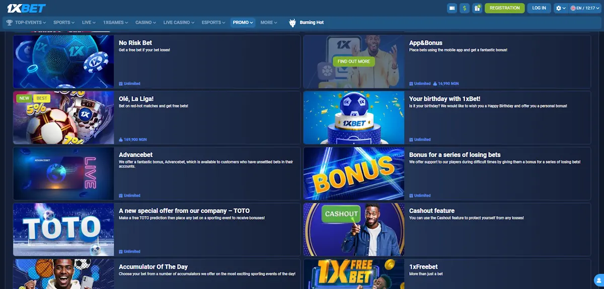 1xBet Sports Betting Bonuses Screenshot