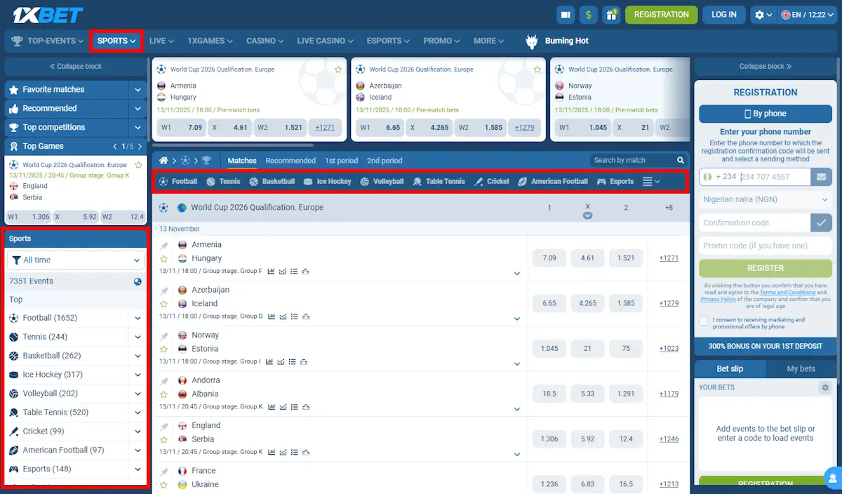 1xBet Sportsbook and menu Screenshot