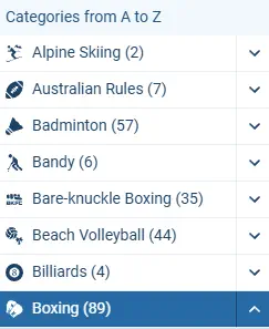 1xBet alphabetical search Screenshot