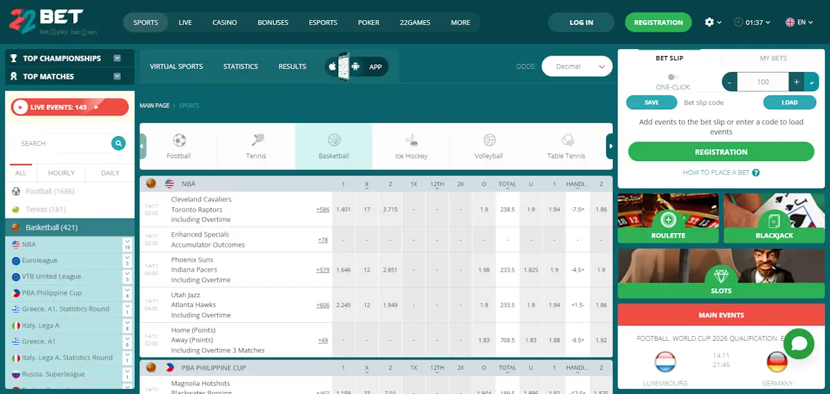 22bet Basketball betting Screenshot