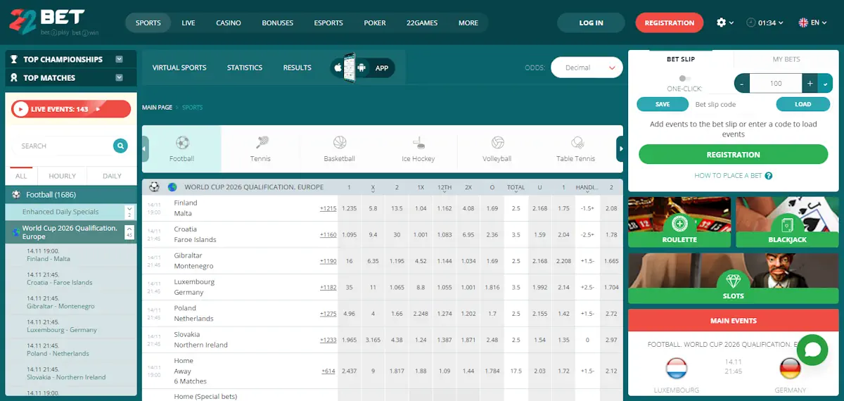 22bet Footbal betting Screenshot