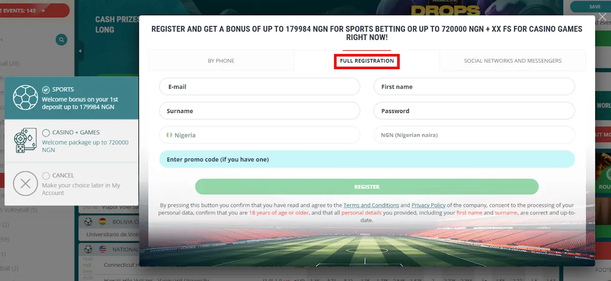 22bet Full Registration Screenshot