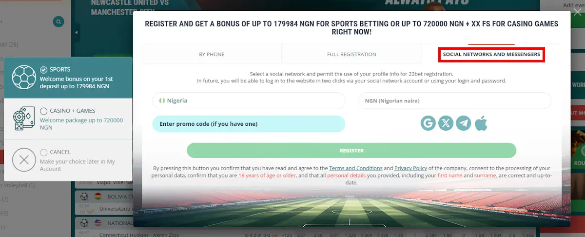 22bet Social Network Registration Screenshot
