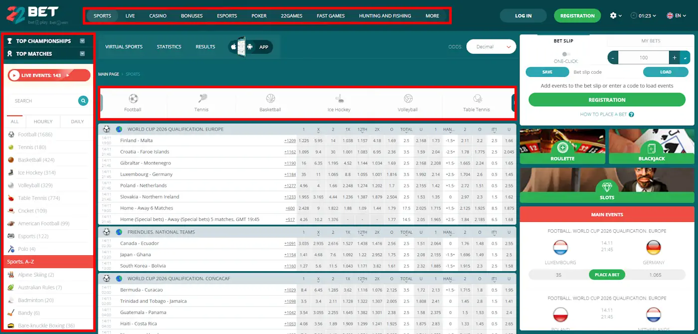 22bet Sport Menu Screenshot