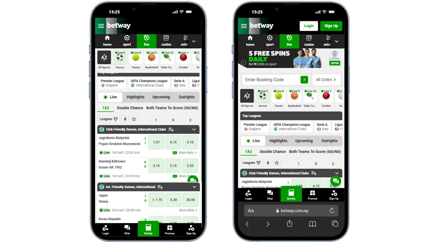 Betway App vs. mobile site Screenshot