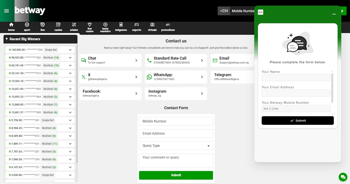 Betway Customer Support Screenshot