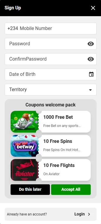 Betway Sign Up Screenshot