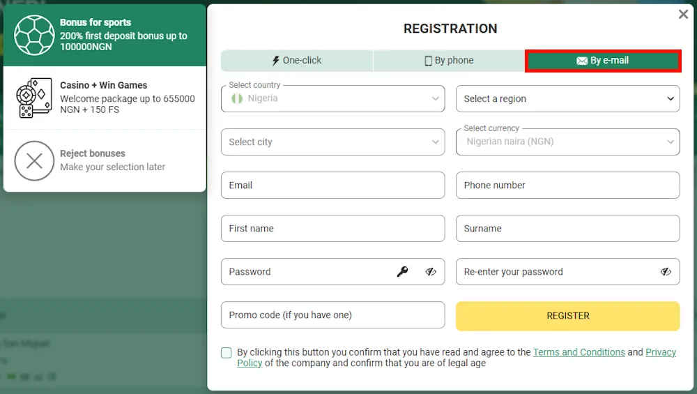 Betwinner Email registration Screenshot