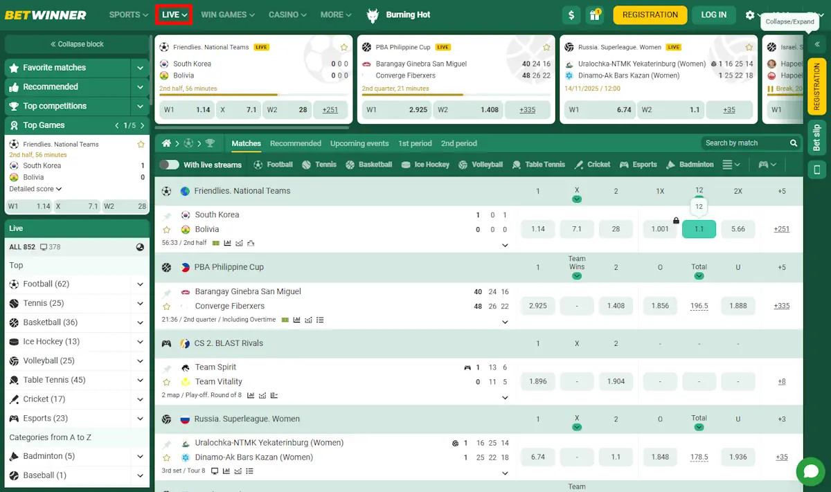 Betwinner Live Betting Screenshot