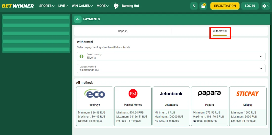 Betwinner Withdrawal options Screenshot