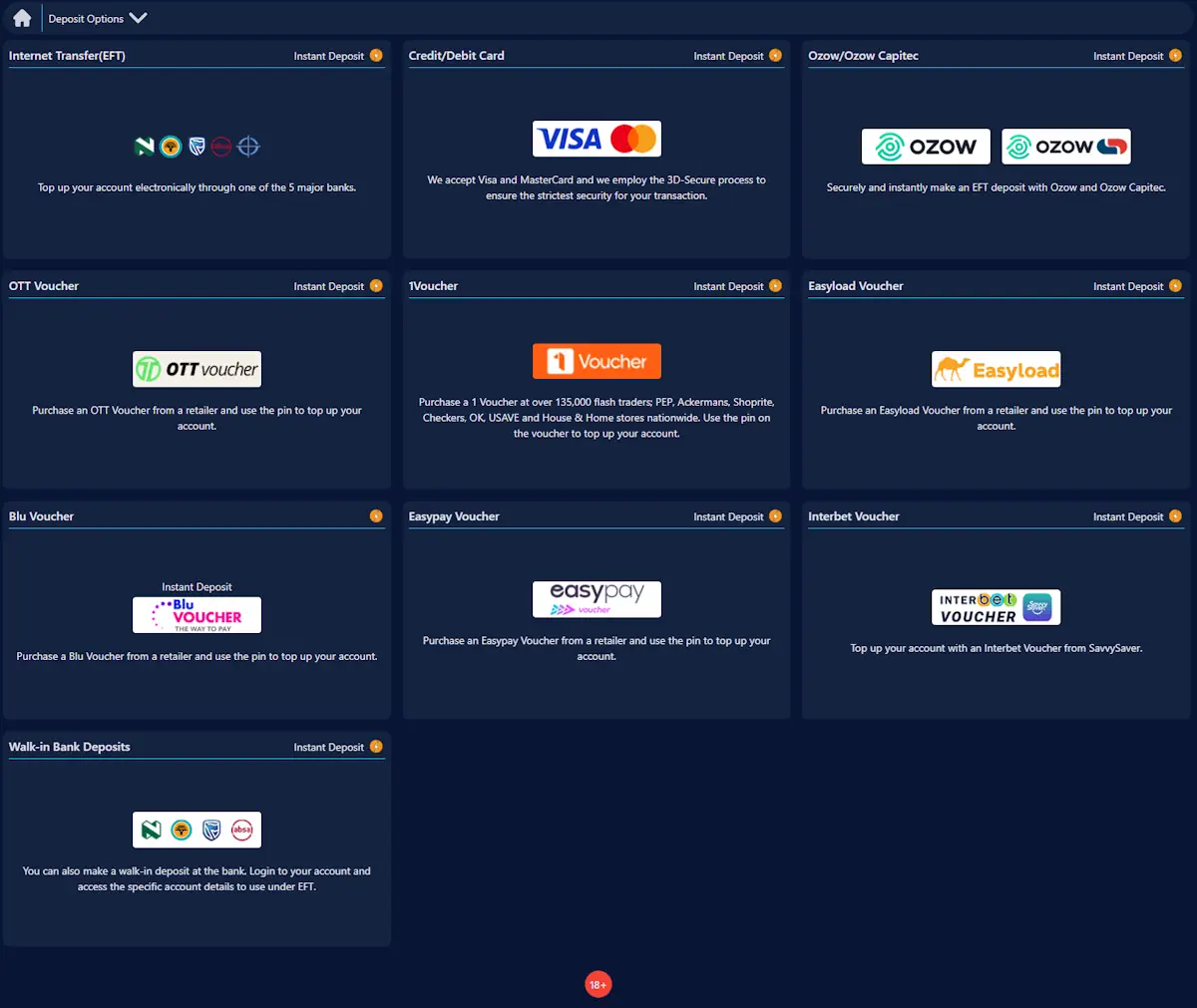 Interbet Deposit options Screenshot