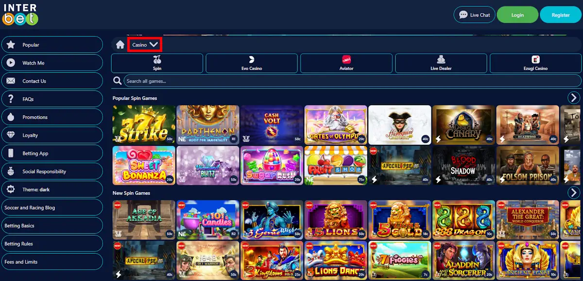 Interbet Casino Games Screenshot